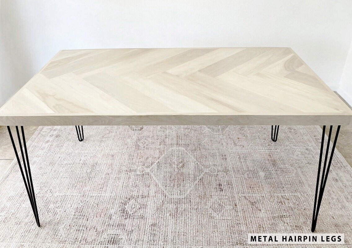 Modern White Oak Single Herringbone Dining Table, Metal or Modern White Oak Single Herringbone Dining Table, Metal or