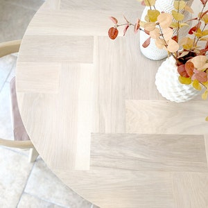 Round White Oak Herringbone Dining Table, Farmhouse, Kitchen or Dining Nook, Bistro, Modern, Banquette, Coastal, Contemporary, Metal Hairpin