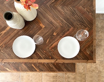 Walnut Herringbone Dining Table, Lath Wood, Black Metal Hairpin Legs, Dining Table with Bench Set, Rustic, Modern, Farmhouse, Made to Order