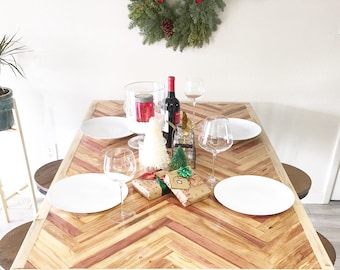 Natural Lath Wood Herringbone Dining Table, Pine Wood Frame, Mid-century Modern, Rustic, Industrial, Farmhouse, Metal Legs, Kitchen, Bistro