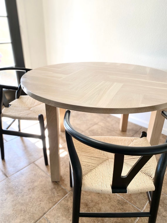 Round White Oak Herringbone Dining Table, Farmhouse, Kitchen or