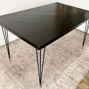 Black Herringbone Dining Table: Lath Wood, Metal Hairpin Legs, Mid-Century Modern Style