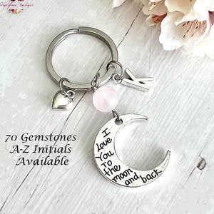 CRESCENT MOON & HEART Gemstone Key Ring-Moon Keychain-Crystal Key Ring-Personalised Key Ring-Healing Keyring-Valentine Gift-Charm Key Ring