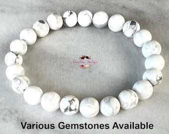HOWLITE Bracelet-7.5mm Genuine Howlite-White Stone Bracelet-Men White Bracelet-Howlite Beaded-Natural Stone-Natural Howlite-Free Shipping
