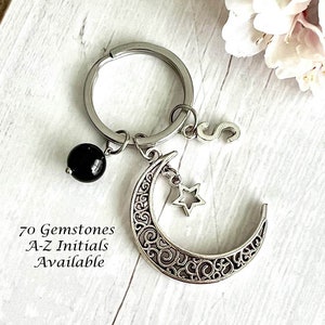 CRESCENT MOON & STAR Gemstone Key Ring-Keychain-Crystal Key Ring-Personalised Key Ring-Healing Keyring-Crystal Gift-Spiritual-Natural-D1