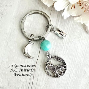 WOLF & CRESCENT MOON Gemstone Key Ring-Crystal Keychain-Wolf Keychain-Moon Keyring-Personalised Key Ring-Spirit Animal Keyring-Charm Keyring