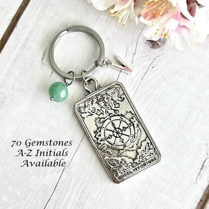 WHEEL OF FORTUNE Tarot Card Gemstone Key Ring-Crystal Keychain-Crystal Key Ring-Personalised Key Ring-Healing Keyring-Tarot Card Gift