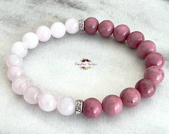ROSE QUARTZ & RHODOCHROSITE Bracelet-Stretch Bracelet-Rhodochrosite Bracelet-Rose Quartz Bracelet-Gemstone Bracelet-8mm Crystal Bracelet