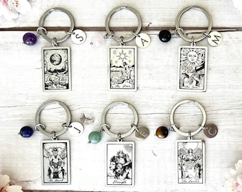 Tarot Card Keyring | Rider Waite Major Arcana Gemstone Charm | Personalised Initial Tarot Gift | Natural Crystal Keychain | Stainless Steel