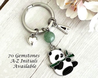 Panda & Heart Gemstone Keyring | Personalised Crystal Keychain | Natural Stone Charm | Panda Bear Gift | Animal Lover Gift | Silver Initial