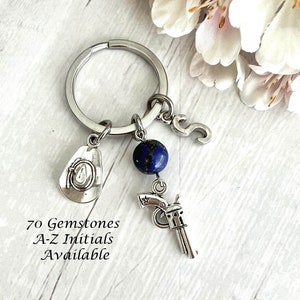 GUN & COWBOY HAT Gemstone Key Ring-Crystal Keychain-Gun Keychain-Cowboy Hat Keyring-Personalised Keychain-Cowboy Theme Gift-Gifts for Men
