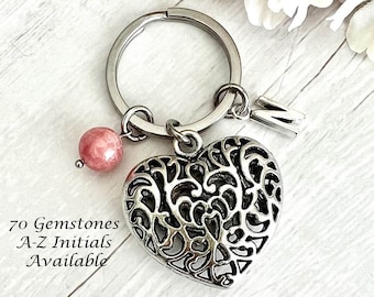 Heart Gemstone Keyring | Personalised Crystal Keychain | Natural Stone Charm | Love Gift for Her | Birthday Gift | Silver Initial