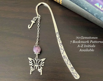 Butterfly Gemstone Bookmark | Personalised Crystal Bookmark | Natural Stone Charm | Kids Bookmark | Butterfly Lover Gift | Silver Initial