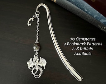 Dragon Gemstone Bookmark | Personalised Crystal Bookmark | Natural Stone Charm | Fantasy Reader Gift | Silver Initial