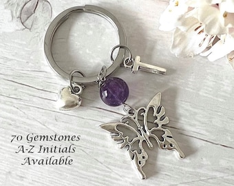 BUTTERFLY & HEART Gemstone Key Ring-Butterfly Keychain-Crystal Key Ring-Personalised Key Ring-Healing Crystal Keyring-Crystal Gift-Charm
