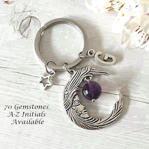 CRESCENT MOON & STAR Gemstone Key Ring-Keychain-Crystal Key Ring-Personalised Keyring-Healing Keyring-Crystal Gift-Spiritual Gift-Charm-D2