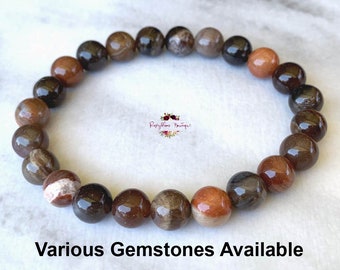 Petrified Wood Bracelet | 8mm Natural Undyed Gemstone | Stretch Beaded Bracelet | Wood Stone | Grounding Strength Crystal | Women Men