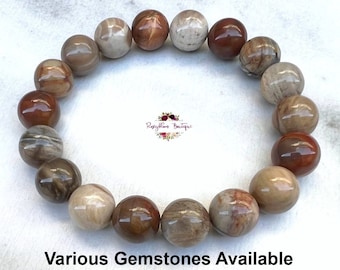 Petrified Wood Bracelet | 10mm Natural Undyed Gemstone | Stretch Beaded Bracelet | Wood Stone | Grounding Strength Crystal | Women Men