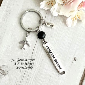 Può includere: Portachiavi aereo in argento con un perno nero, un ciondolo in argento con la lettera "S" e un'etichetta in argento che dice "enjoy the journey".