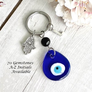 EVIL EYE & HAMSA Gemstone Key Ring-Evil Eye Keychain-Protection Key Ring-Crystal Keyring-Personalised Key Ring-Blue Glass Evil Eye Keyring