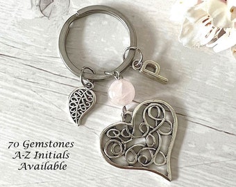 HEART & LEAF Gemstone Key Ring-Heart Keychain-Crystal Key Ring-Personalised Key Ring-Healing Keyring-Crystal Gift-Valentine Gift-Stone