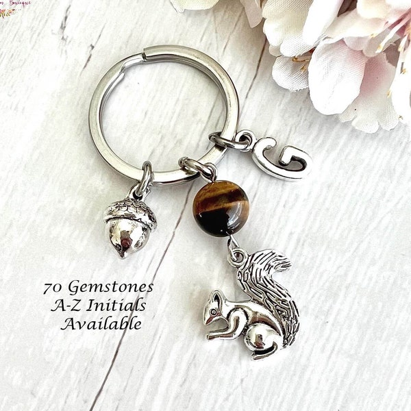 SQUIRREL & ACORN Gemstone Key Ring-Crystal Keychain-Personalised Key Ring-Autumn Theme Keychain-Squirrel Key Ring-Acorn Key Ring-Charms