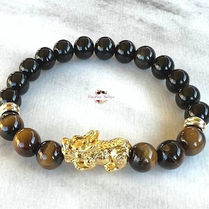 Feng Shui Pixiu, Tiger Eye & Black Obsidian Wealth Luck Protection Bracelet-Pixiu Bracelet-Good Luck Bracelet-Crystal Healing Bracelet-L1