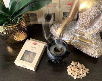 Op de afbeelding: Een zwarte gietijzeren wierookbrander met rook die eruit opstijgt. De brander staat op een houten tafel met een klein doosje HEM Copal Resin ernaast. Op de achtergrond staat een gouden Boeddhabeeld.