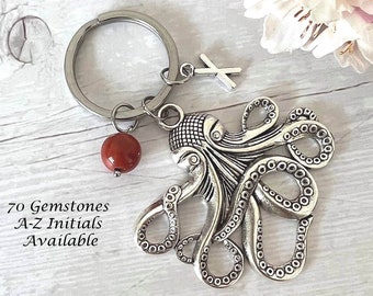 Octopus Gemstone Keyring | Personalised Crystal Keychain | Natural Stone Charm | Healing Crystal Gift | Ocean Lover Gift | Silver Initial