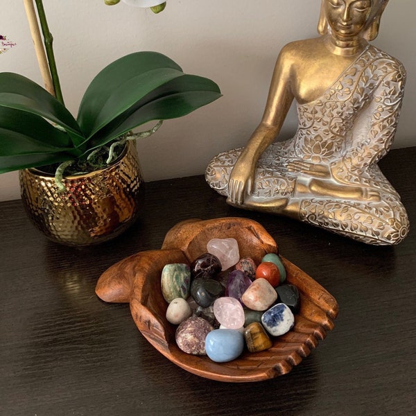 Natural Wood Offering Hands-Crystal Bowl-Crystal Holder-Wood Bowl-Offering Bowl-Jewellery Plate-Wooden Hands-Carved Wood-Trinket Dish