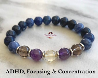 ADHD, Focus & Concentration Bracelet | Calming Crystal Bracelet | Children Teenager Adult Jewellery | Mixed 8mm Natural Gemstone Bead