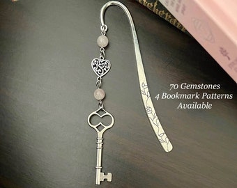 SKELETON KEY & HEART Gemstone Bookmark-Crystal Bookmark-Heart Bookmark-Key Bookmark-Metal Bookmark-Teacher Gifts-Book Accessories-Natural