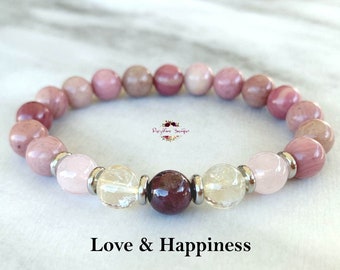 LOVE & HAPPINESS Bracelet-Rhodochrosite Bracelet-Gemstone Bracelet-Crystal Bracelet-Beaded Bracelet-Stretch Bracelet-Yoga Bracelet-Healing