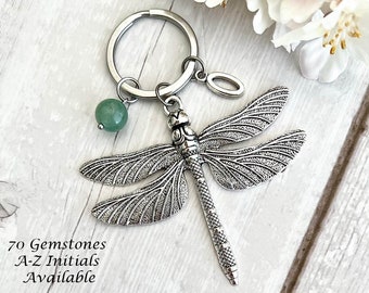 Dragonfly Gemstone Keyring | Personalised Crystal Keychain | Natural Stone Charm | Healing Crystal Gift | Spiritual Gift | Silver Initial