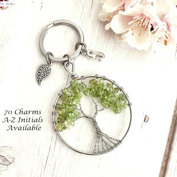 PERIDOT Tree of Life Key Ring-Crystal Keychain-Peridot Keychain-Tree Keyring-August Birthstone-Gemstone-Personalised-Pendant-Charm-Initial