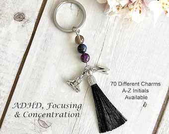 ADHD, FOCUSING & CONCENTRATION Intention Gemstone Key Ring-Crystal Keychain-Personalised Keyring-Initial-Gift-Smoky Quartz-Sodalite-Amethyst