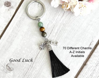 BOA SORTE Intenção Chaveiro de pedras preciosas-Chaveiro de cristal-Chaveiro personalizado-Fortune-Success-Tassel-Initial-Green Aventurine-Tiger Eye-Pyrite