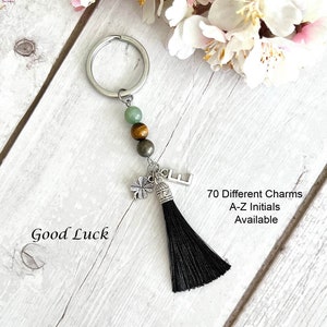 BUENA SUERTE Intención Piedra preciosa Llavero-Llavero de cristal-Llavero personalizado-Fortuna-Éxito-Borla-Inicial-Aventurina Verde-Ojo de Tigre-Pirita