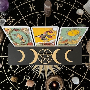 Soporte de madera para cartas del tarot, soporte para cartas del tarot, soporte para cartas del tarot, soporte para cartas del oráculo, herramienta de adivinación, afirmación, pentagrama de triple luna