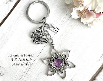 FLOWER & BUTTERFLY Gemstone Key Ring-Flower Keychain-Butterfly Keychain-Crystal Keychain-Personalised Keyring-Healing Gift-Cabochon-Charm