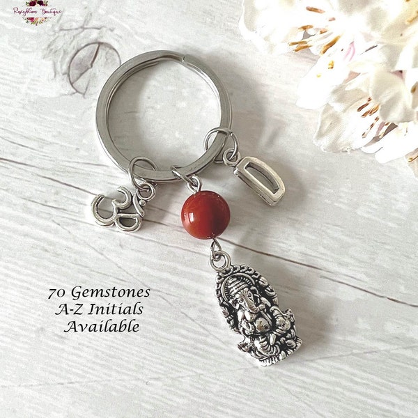 GANESHA & OM Gemstone Key Ring-Ganesha Keychain-Crystal Key Ring-Personalised Key Ring-Healing Keyring-Crystal Gift-Spiritual Gift-Hindu God