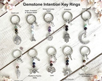INTENTION Gemstone Key Ring-Crystal Keychain-Personalised Key Ring-Protection-Good Luck-Stress Relief-Love-Inner Peace-Grief Support-Healing
