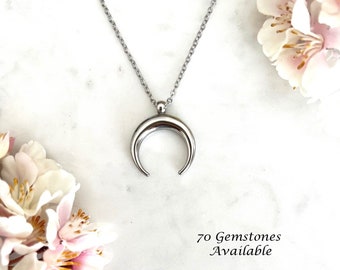 Crescent Horn Moon Necklace | Double Horn Crystal Pendant | Stainless Steel Layering Jewellery | Boho Gemstone Gift for Women
