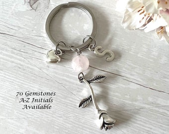 ROSE & HEART Gemstone Key Ring-Rose Keychain-Crystal Key Ring-Personalised Key Ring-Healing Keyring-Crystal Gift-Valentine Gift-Charm