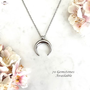 CRESCENT HORN MOON Necklace-Double Horn Necklace-Moon Pendant-Gemstone Necklace-Crystal Necklace-Stainless Steel-Layering-Boho-Gift-Women