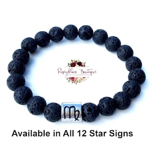 May include: Black lava rock beaded bracelet with a silver charm featuring the astrological symbol for Virgo. Available in all 12 star signs.