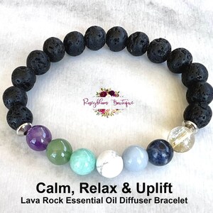 May include: Black lava rock bracelet with amethyst, green aventurine, aquamarine, white howlite, blue chalcedony, and citrine beads. "Calm, Relax & Uplift" Lava Rock Essential Oil Diffuser Bracelet.