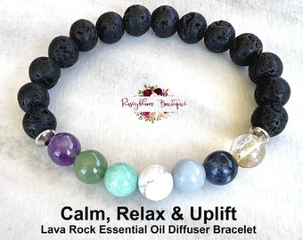 Energy Bracelet-Calming Bracelet-Relaxing Bracelet-Positive Energy-Uplift Energy and Mood-Gemstone Bracelet-Lava Rock Essential Oil Diffuser
