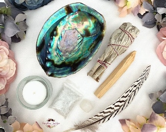 Smudge Kit-Cleansing Kit-Smudge Tool-Smudging-White Sage-Abalone Shell-Smudge Bowl-Crystal-Spiritual Gift-Home Blessing-House Warming Gift