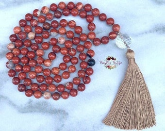 RED JASPER Mala-Jasper Mala-Root Chakra Mala-Grounding Mala-108 Bead Mala-Gemstone Mala-Bead Mala-Meditation-Japa-Yoga-Boho-Knotted-Tassel